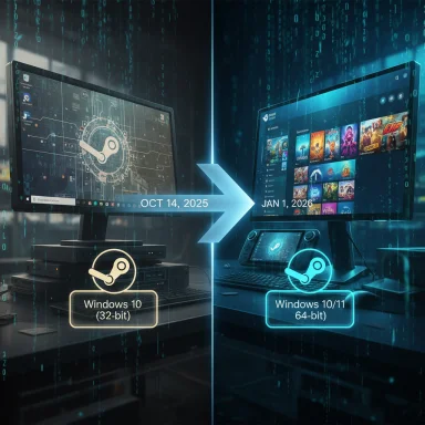 Steam migration from Windows 10 32‑bit to Windows 10/11 64‑bit.