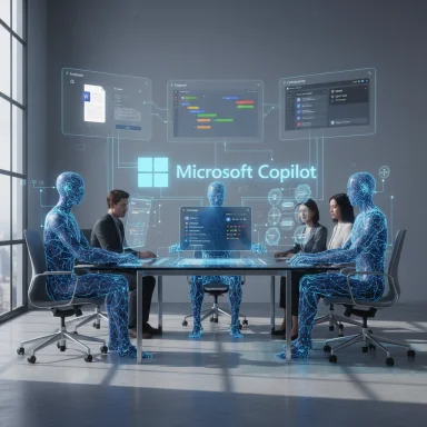 Futuristic team meeting with holographic blue avatars around a table, showcasing Microsoft Copilot.