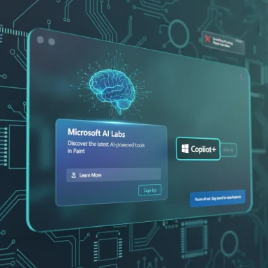 Futuristic UI panel featuring Microsoft AI Labs and Copilot+ on a neon circuit-board backdrop with a glowing brain graphic.