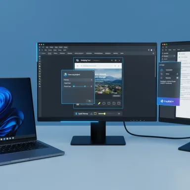 Desk setup with a laptop and a large monitor displaying a design app with floating tool panels.