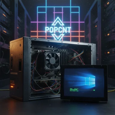 An open PC tower with exposed hardware sits beside a tablet showing Windows, under neon POPCNT signage.