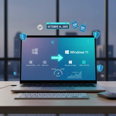 Laptop on a desk displays Windows 11 upgrade UI with floating icons and shields.