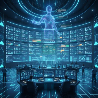 Futuristic command center with a holographic figure guiding data-dense screens.
