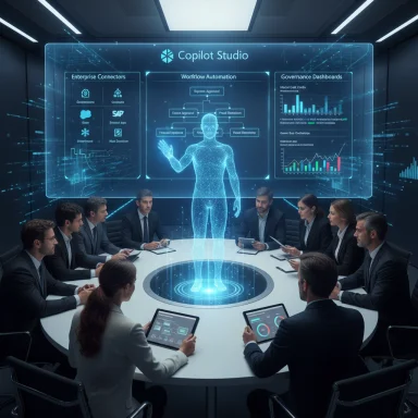A business team sits around a round conference table as a holographic figure and data dashboards loom on screens.