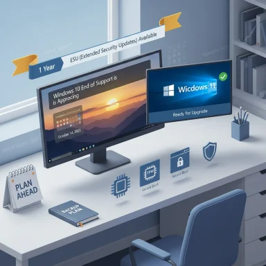 A clean desk setup showing Windows 11 upgrade readiness and security planning.
