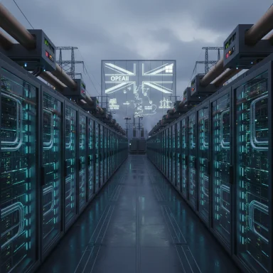 Futuristic data-centre corridor with glowing server racks and a large OPENAI sign above the Union Jack.