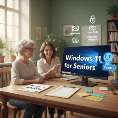 Two women sit at a desk, smiling at a Windows 11 for Seniors display with Copilot.