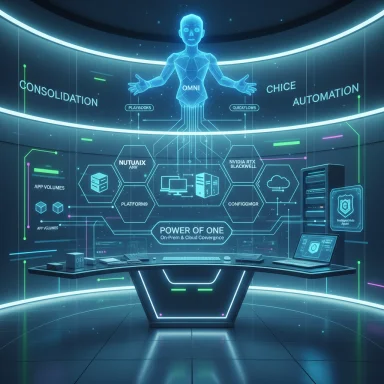 A futuristic control room with a glowing blue holographic interface and a humanoid avatar.