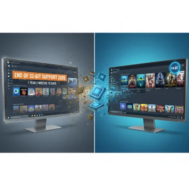 Split-screen monitors show the end of 32-bit support in 2026 on the left, with 64-bit on the right.