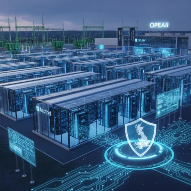A futuristic data center with blue-lit servers and an OpenAI sign.