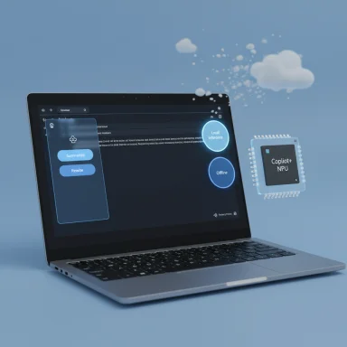 Laptop screen shows AI UI with Summarize and Rewrite; a Copio+ NPU chip floats nearby.