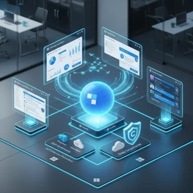 A glowing holographic data hub with screens displaying dashboards around a central blue orb.