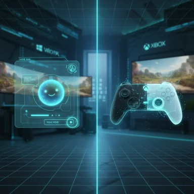 Neon holographic game interface floats between a controller and a screen in a futuristic gaming room.