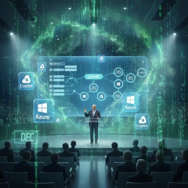 A speaker presents holographic Azure and Copilot AI architecture to an audience.