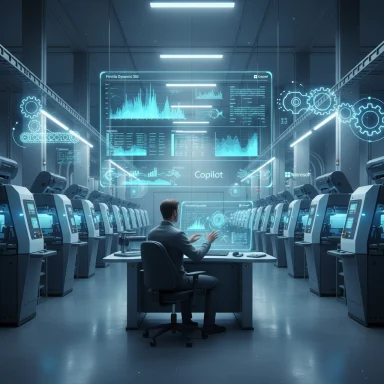 A technician sits at a console in a futuristic data center, monitoring holographic dashboards.