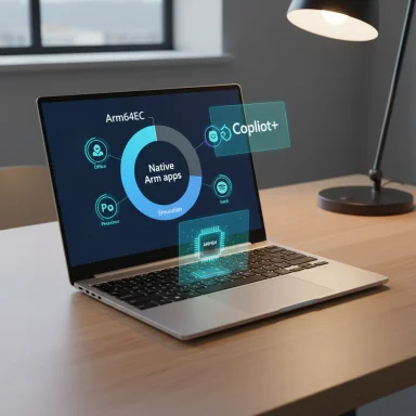 A laptop on a desk displays holographic graphics about native Arm apps and Copilot+.