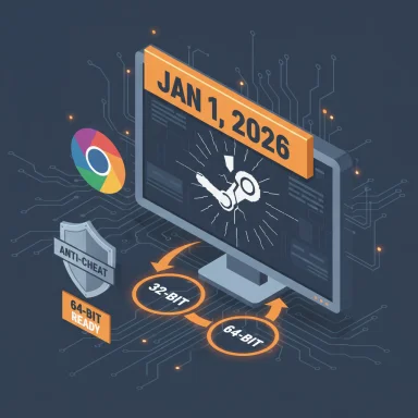 Tech illustration of a monitor announcing Jan 1, 2026, with anti-cheat shield and 64-bit readiness.