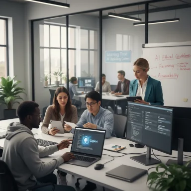 A diverse team collaborates in a modern office, coding on laptops with AI ethics notes on the whiteboard.