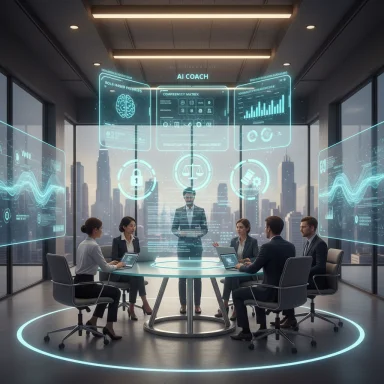 Futuristic boardroom with holographic AI coach displays around a round glass table.
