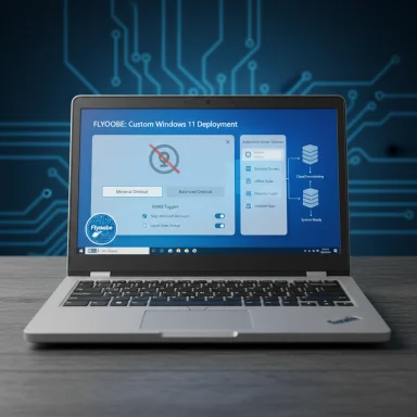 Laptop displays a Windows 11 deployment wizard on a blue circuit-board background.