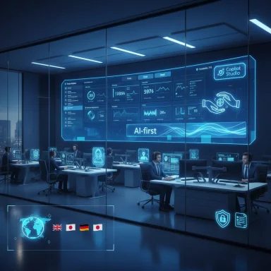 Futuristic glass-walled control room with blue holographic dashboards and AI analytics.