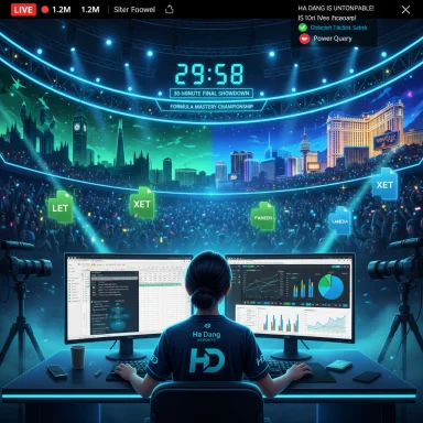 Esports player at a dual-monitor setup in a neon-lit arena, live championship with a roaring crowd.