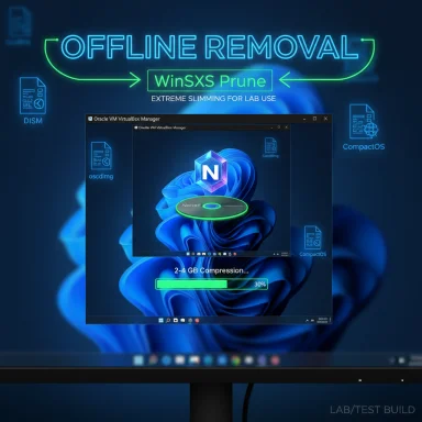 Neon-lit poster for Offline Removal: WinSXS Prune for extreme lab slimming, with a VM compression progress screen.