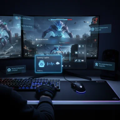 Gamer with holographic UI overlays on a triple-monitor setup battles a blue alien boss.