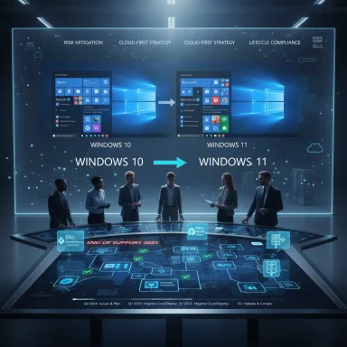 Futuristic briefing on Windows 10-to-11 migration with a cloud-first strategy and risk mitigation.