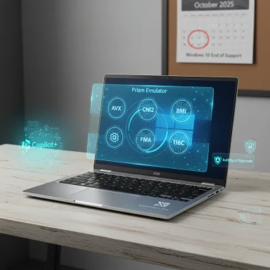A sleek laptop on a wooden desk displays glowing holographic UI labeled Prism Emulator.