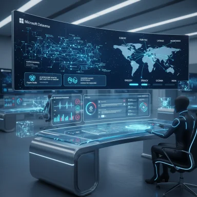 Futuristic control room with holographic dashboards and a humanoid operator monitoring global data.