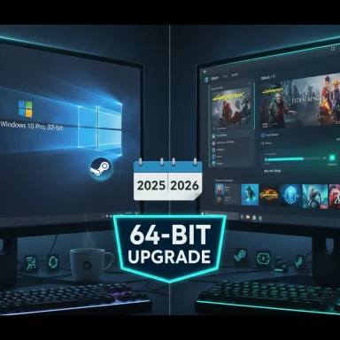 Split-screen PC setup: Windows 10 Pro 32-bit on the left and a 64-bit upgrade badge with gaming UI on the right.