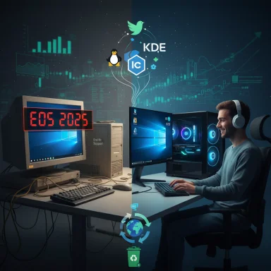 A split desk contrasts a vintage PC with a modern gaming rig, illustrating tech evolution and end-of-support.