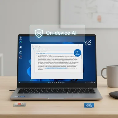 Laptop on a desk with a translucent 'On-device AI' badge hovering above the screen.