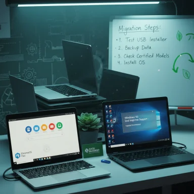 Tech workspace featuring multiple laptops and a whiteboard with migration steps.