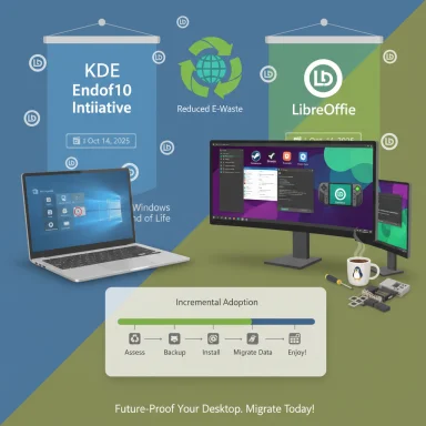 Promotional banner for KDE Endof10 Initiative promoting reduced e-waste, LibreOffice, and incremental desktop migration.