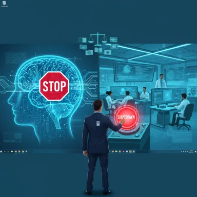 A suited man presses a red SHUTDOWN button on a giant brain with a Stop sign.