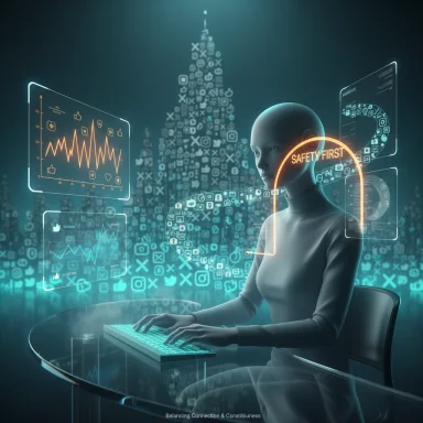 A futuristic humanoid AI at a glass desk, surrounded by holographic dashboards and a 'Safety First' ring.
