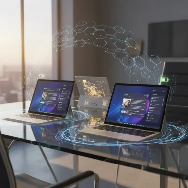 Futuristic workspace with laptops on a glass table and a glowing holographic hexagonal network.