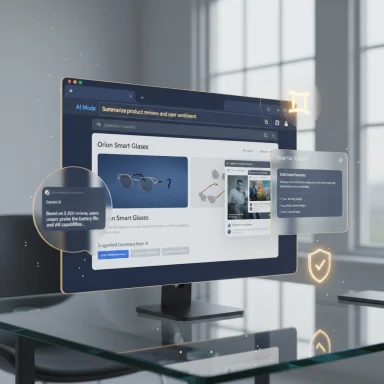 A computer monitor shows an AI interface with floating holographic widgets summarizing product reviews.
