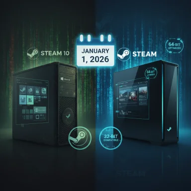 Split-screen of two Steam PCs (32-bit/64-bit) under a January 1, 2026 calendar.