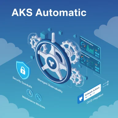 Infographic of AKS Automatic depicting cloud security gears, dashboards, and integrations.