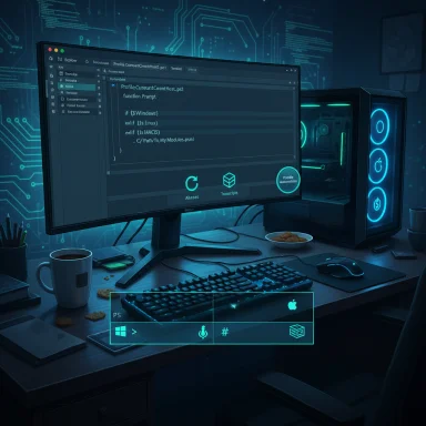 A neon-blue, high-tech coding desk with a large monitor and glowing PC rig.