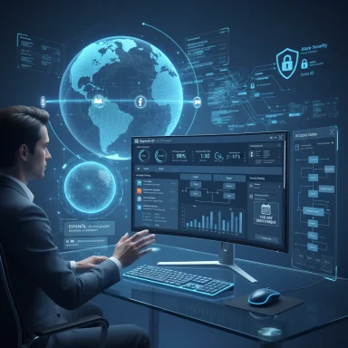 A professional interacts with holographic data dashboards around a glowing globe.