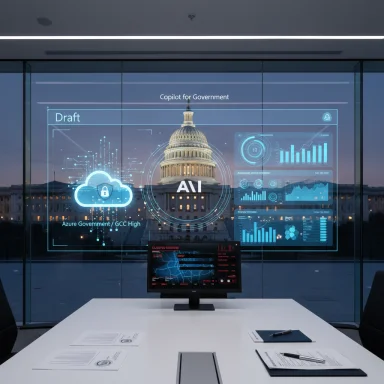 A high-tech government briefing room with a holographic display in front of the Capitol.