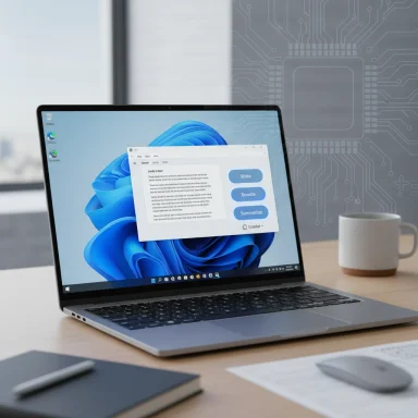 A sleek laptop on a wooden desk with a note-writing window open over blue abstract wallpaper.
