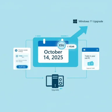 Infographic showing Windows 11 upgrade flow centered on Oct 14, 2025 with an ESU 1-year badge.