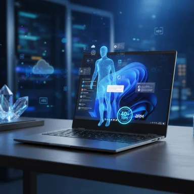 A laptop projects a blue holographic human figure with floating data in a futuristic data lab.