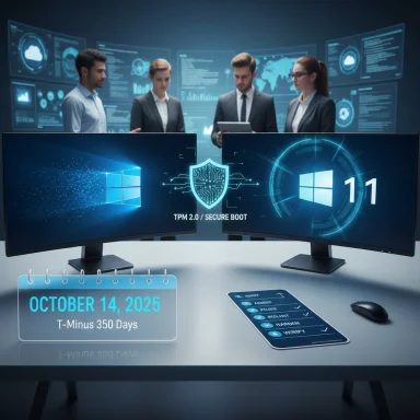 A team analyzes cybersecurity on curved dual monitors displaying Windows 11 beside a countdown calendar.