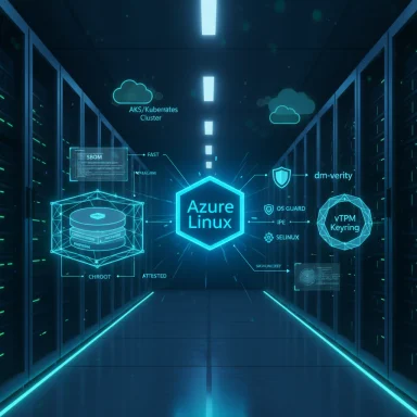 Neon data center scene with a holographic Azure Linux hub and cloud/security icons.